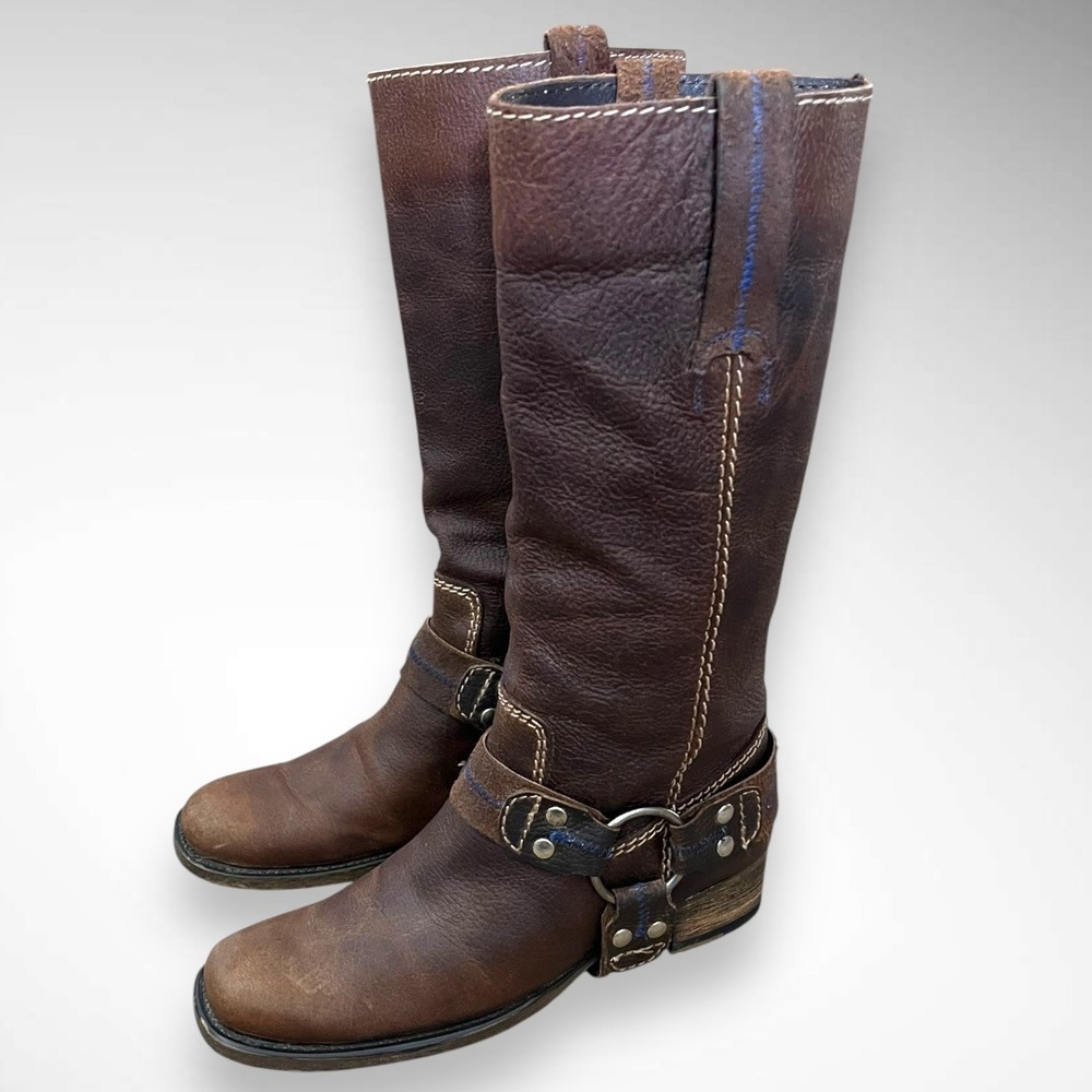 BED STU Opal Harness Brown Leather‎ Distressed Pull On Riding Boots 6.5 | EUC